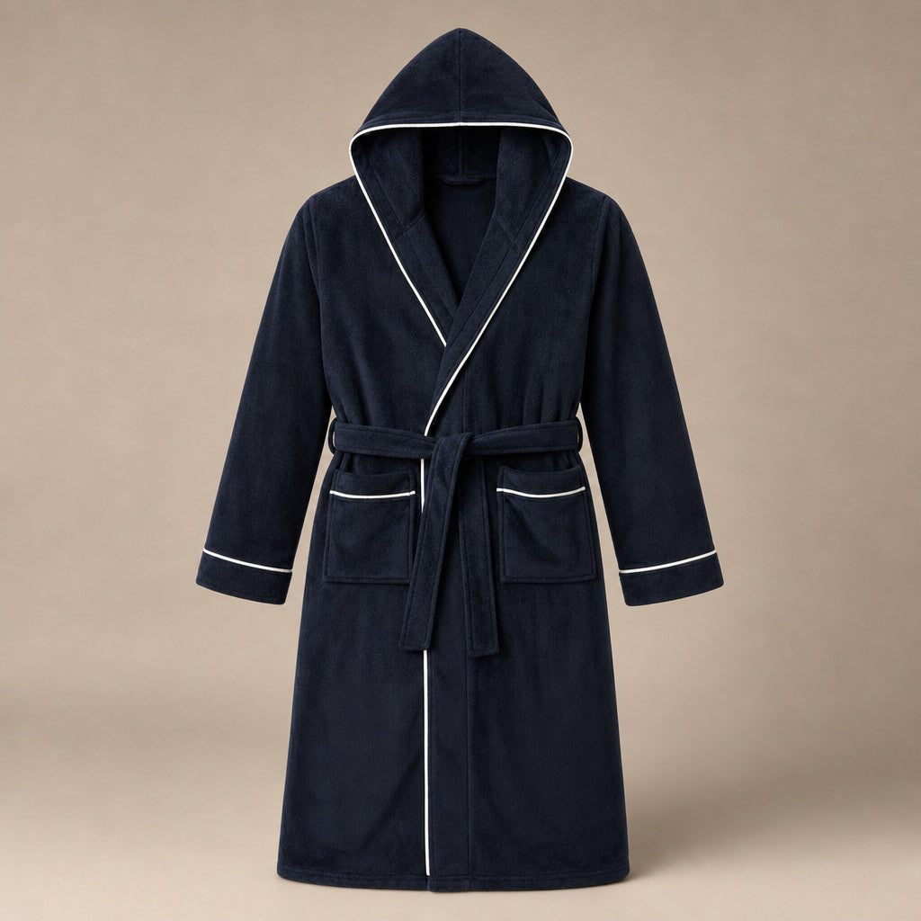 Hooded Bathrobe Plush Fleece in Navy Blue – Tomosino Premium Menswear