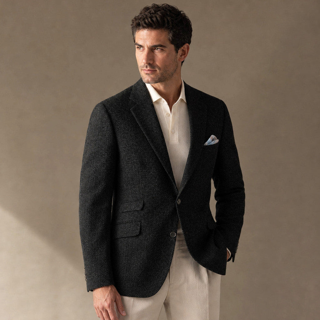 Wrenfell | Blazer Herringbone Regular Fit Black – Side Angle View