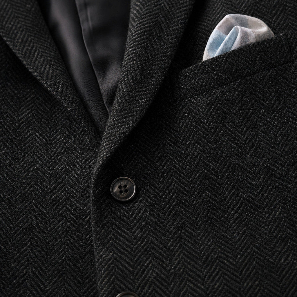 Wrenfell | Blazer Herringbone Regular Fit Black – Fabric and Detail Close-Up