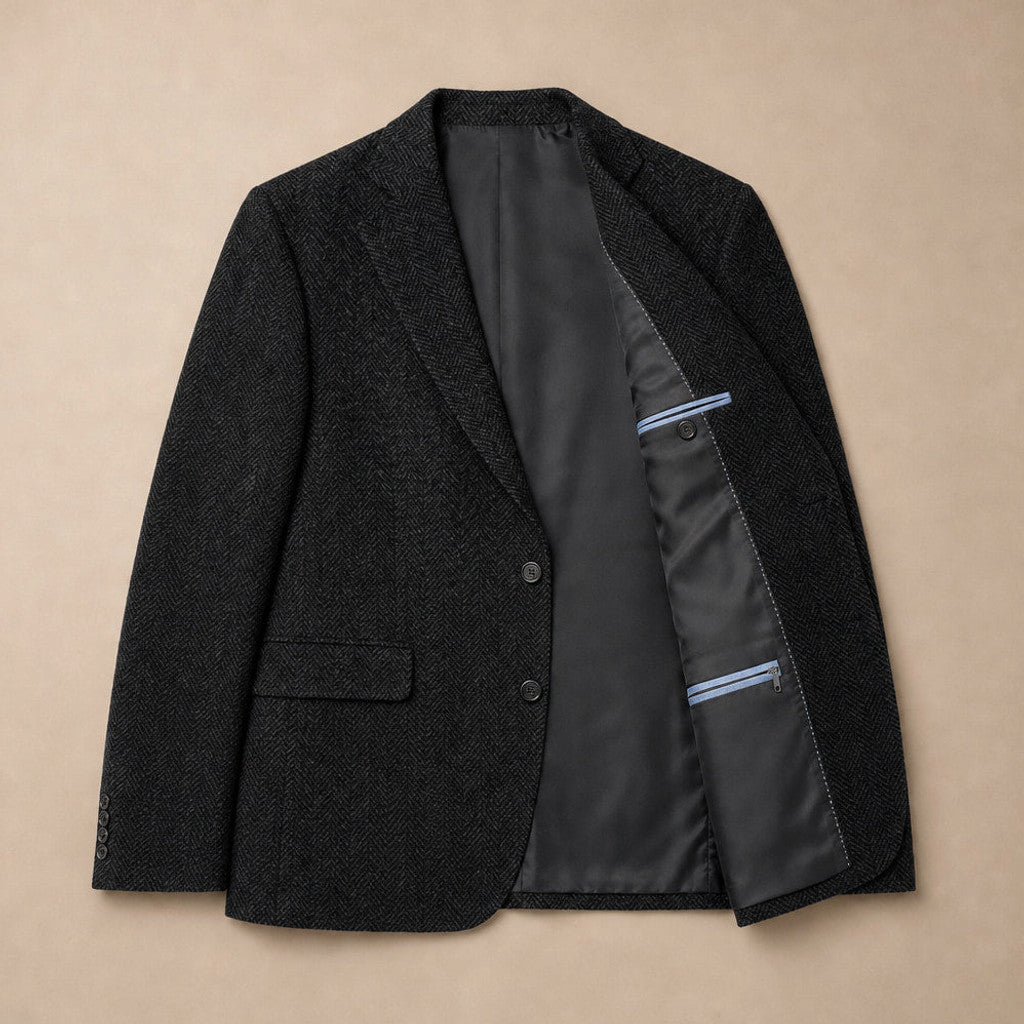 Wrenfell | Blazer Herringbone Regular Fit Black – Flat Lay Product Photo