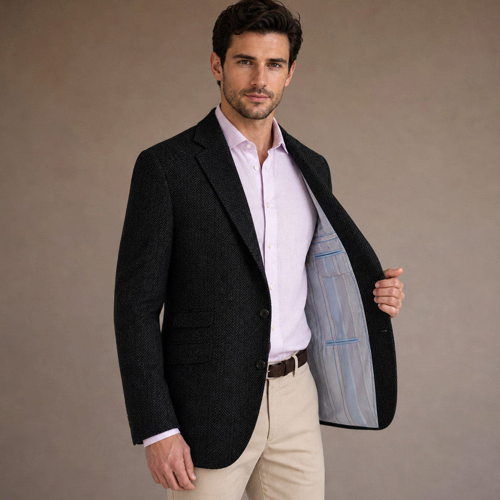 Wrenfell | Blazer Herringbone Regular Fit Black – Interior Lining Detail