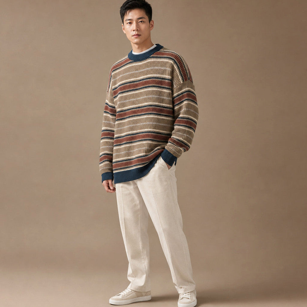 Wrenfield | Crewneck Jumper Ribbed Knit Drop Shoulder Khaki – Side Angle View