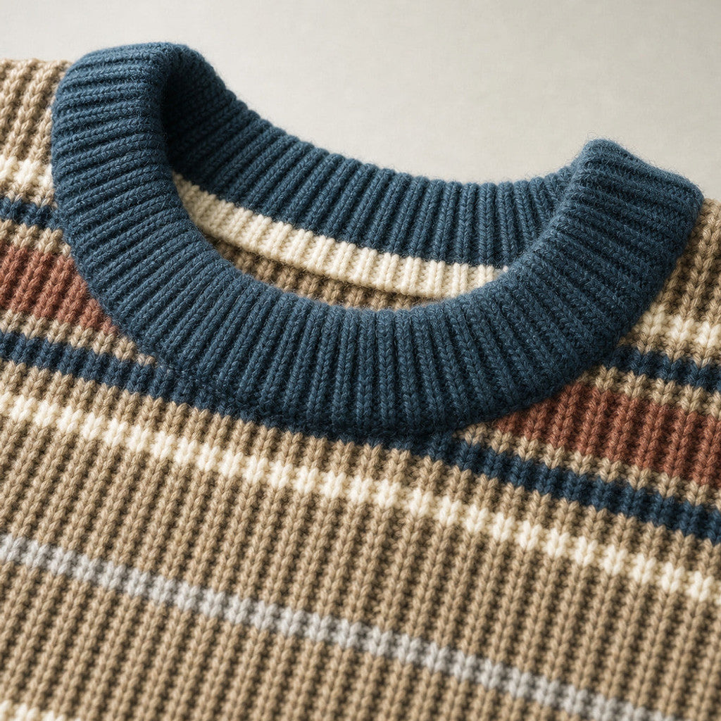 Wrenfield | Crewneck Jumper Ribbed Knit Drop Shoulder Khaki – Fabric and Detail Close-Up