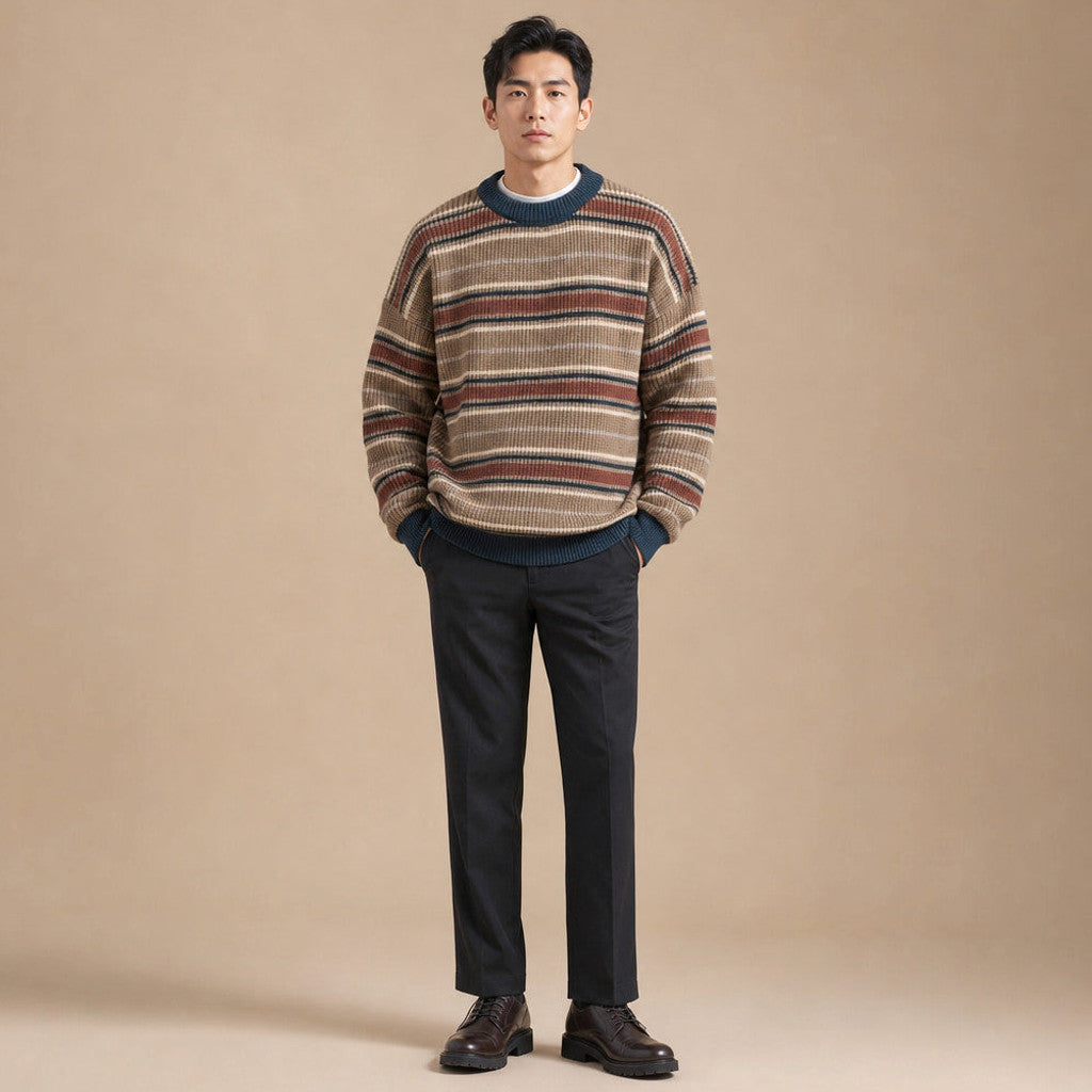 Wrenfield | Crewneck Jumper Ribbed Knit Drop Shoulder Khaki – Full Look