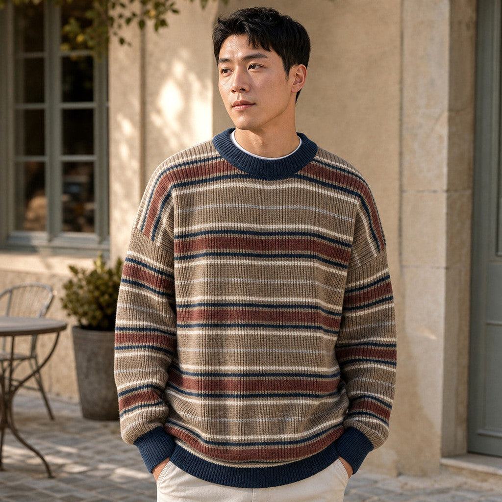 Wrenfield | Crewneck Jumper Ribbed Knit Drop Shoulder Khaki – Styled Editorial Shot