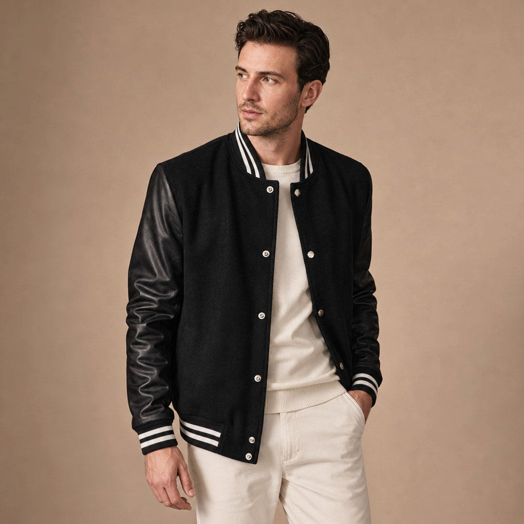Wrenmoor | Varsity Jacket Leather Sleeves Black Black – Side Angle View