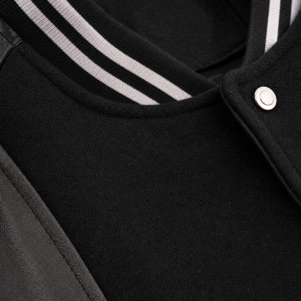 Wrenmoor | Varsity Jacket Leather Sleeves Black Black – Fabric and Detail Close-Up