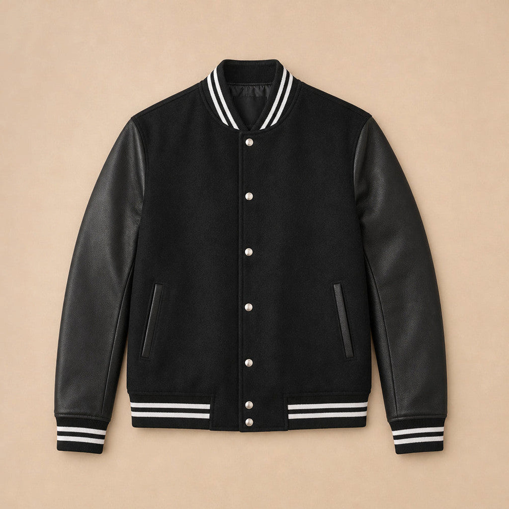 Wrenmoor | Varsity Jacket Leather Sleeves Black Black – Flat Lay Product Photo