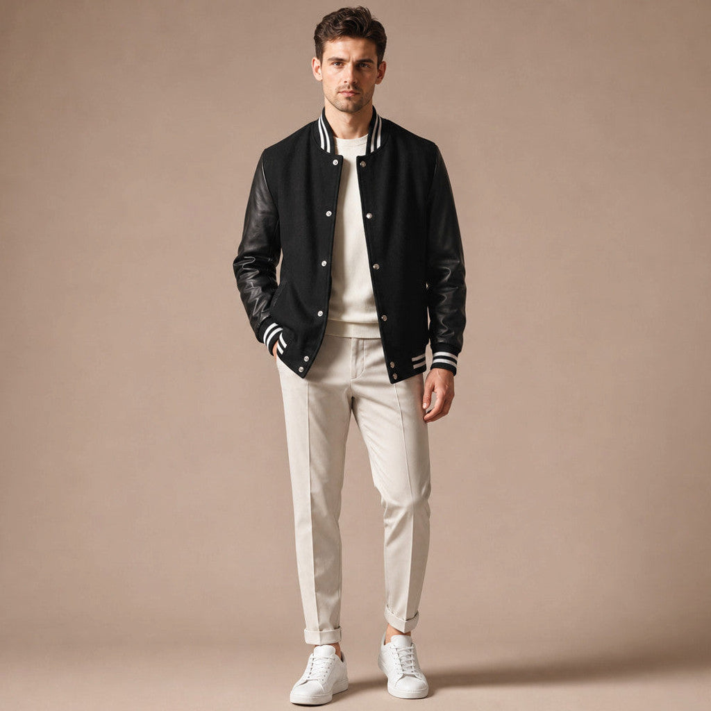 Wrenmoor | Varsity Jacket Leather Sleeves Black Black – Full Look