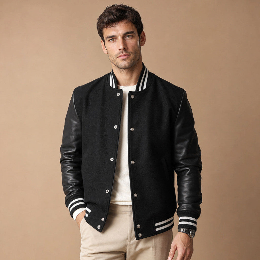Wrenmoor | Varsity Jacket Leather Sleeves Black in Black – Premium Editorial