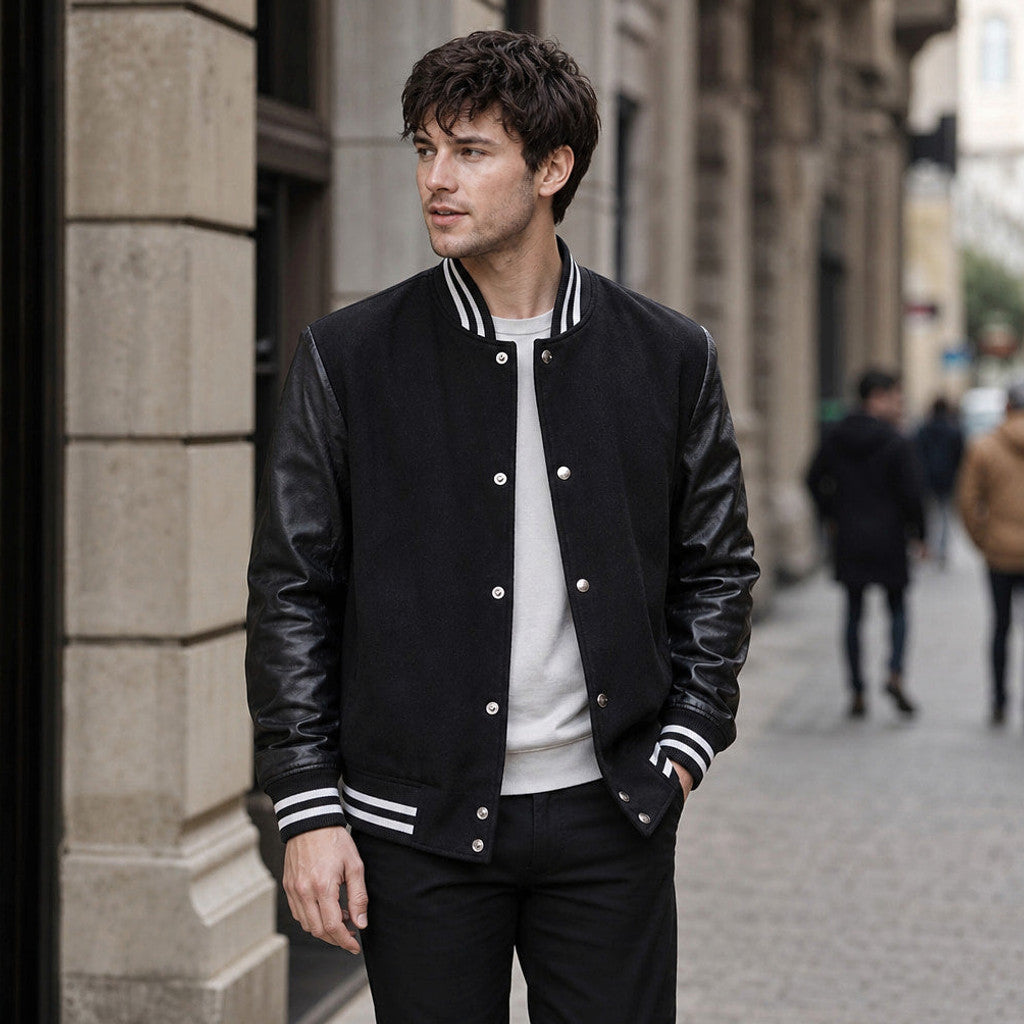 Wrenmoor | Varsity Jacket Leather Sleeves Black Black – Styled Editorial Shot