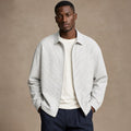 Man wearing Light Gray zip-up striped knit top with chinos