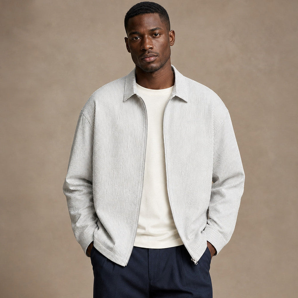 Man wearing Light Gray zip-up striped knit top with chinos