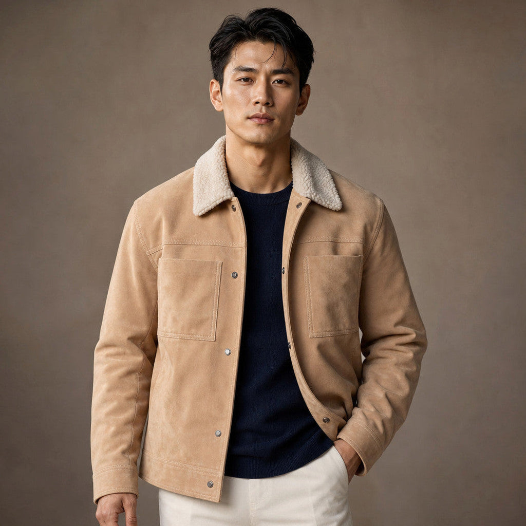 Beige suede trucker jacket with shearling collar, front view