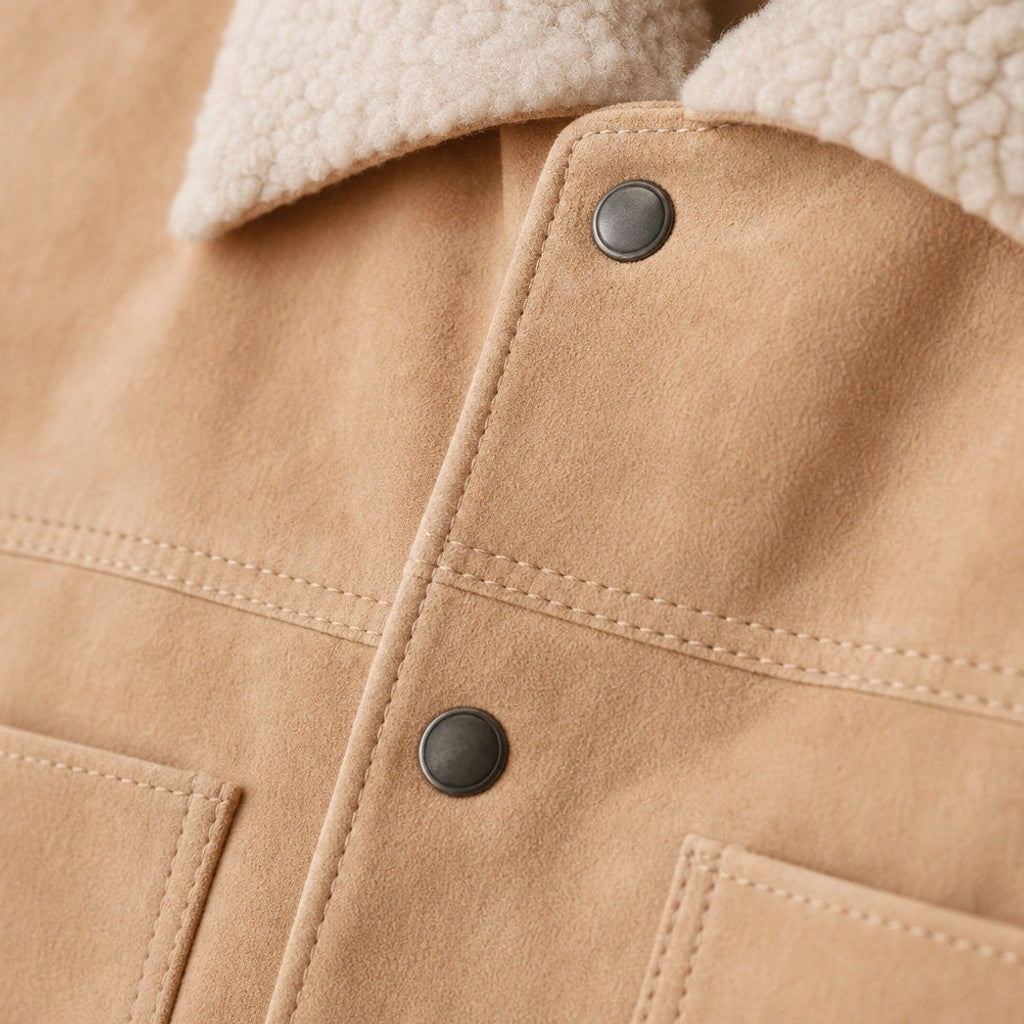 Upton | Suede Trucker Jacket Shearling Collar Beige – Product Photo