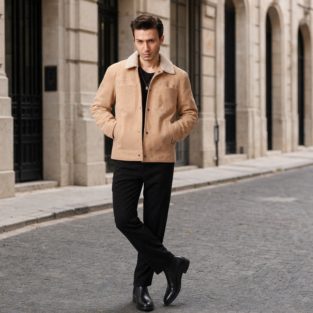 Upton | Suede Trucker Jacket Shearling Collar Beige – Product Photo