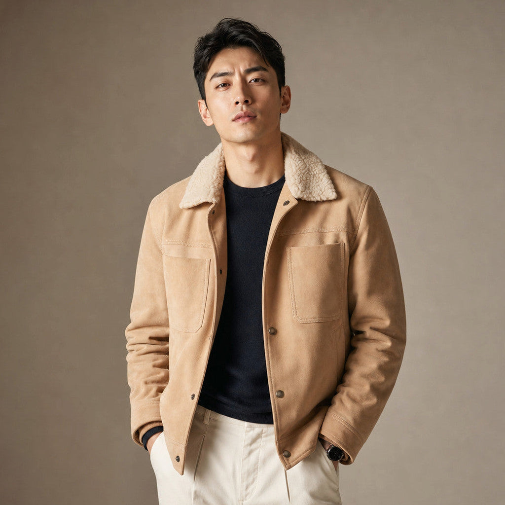 Man wearing beige suede trucker jacket with shearling collar and dark denim