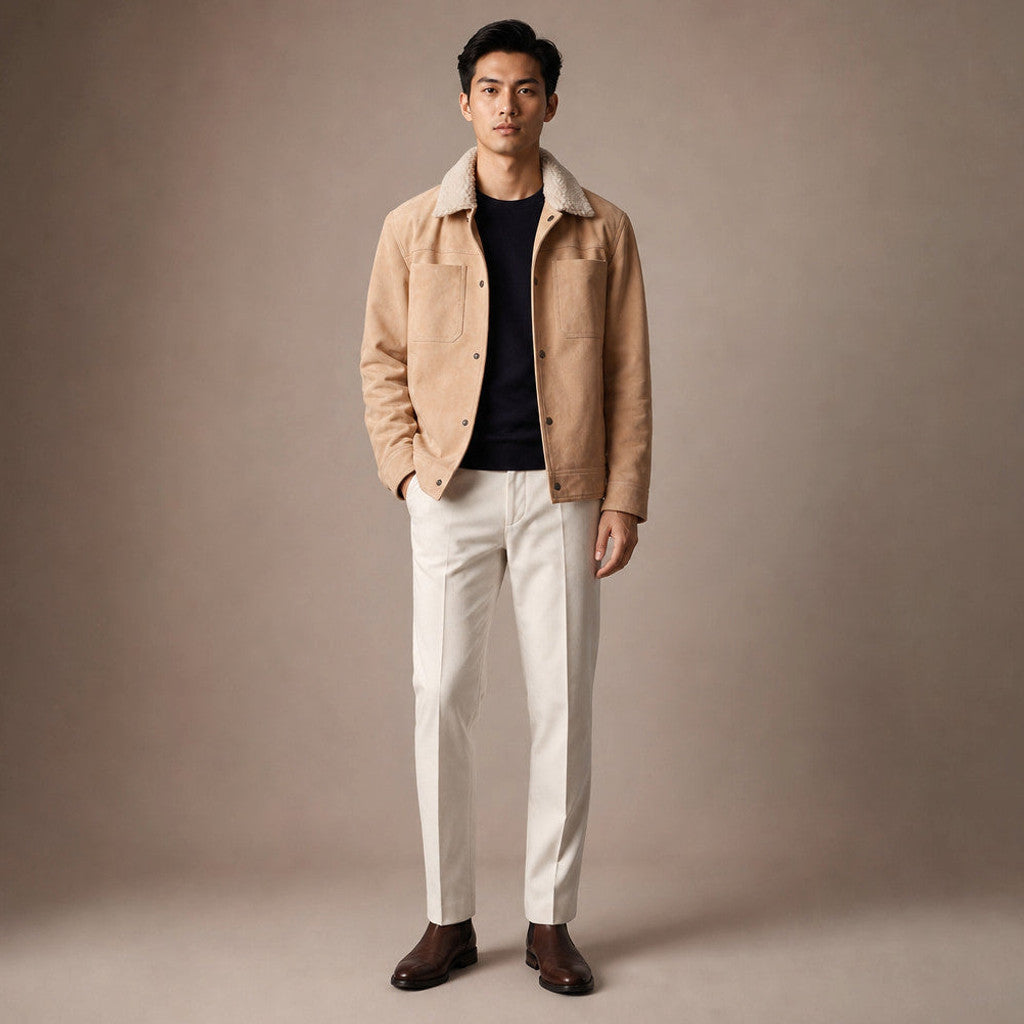 Upton | Suede Trucker Jacket Shearling Collar Beige – Product Photo
