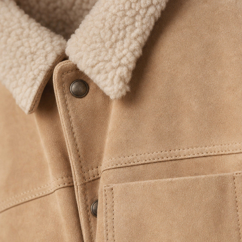 Upton | Suede Trucker Jacket Shearling Collar Beige – Product Photo