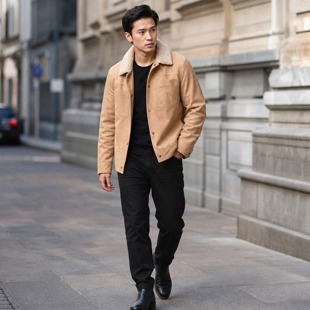 Upton | Suede Trucker Jacket Shearling Collar Beige – Product Photo