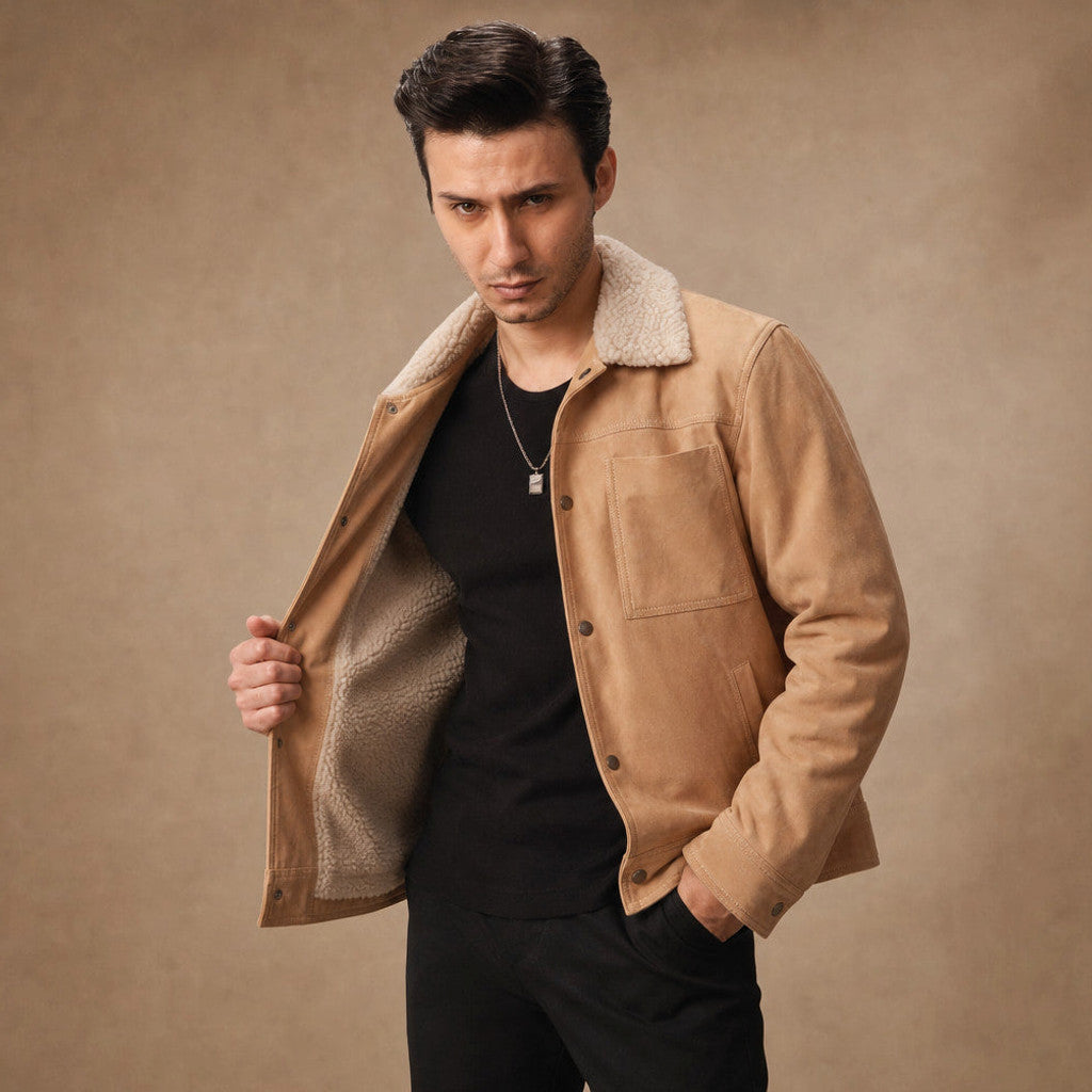 Upton | Suede Trucker Jacket Shearling Collar Beige – Product Photo