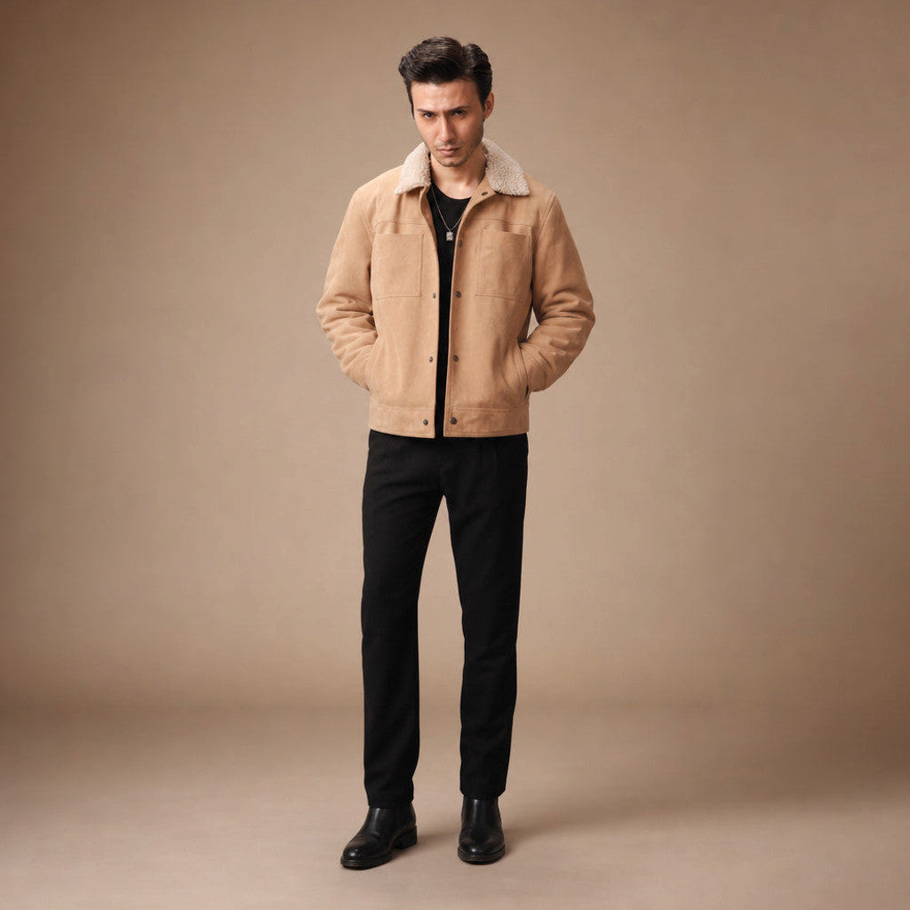 Upton | Suede Trucker Jacket Shearling Collar Beige – Product Photo