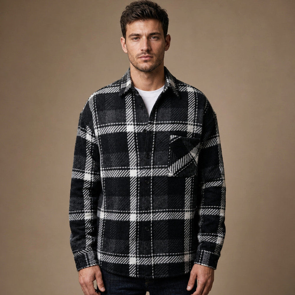 Black checked flannel sleeveless overshirt, front view