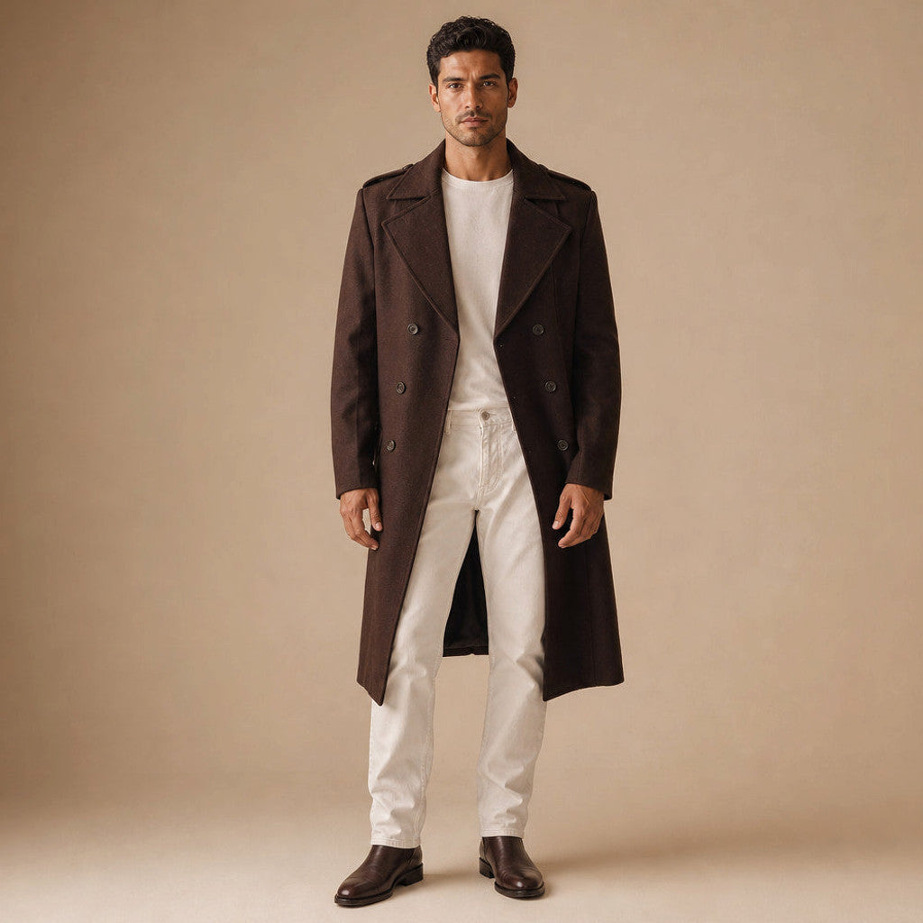 Coffee brown double breasted wool trench coat, belted, front view