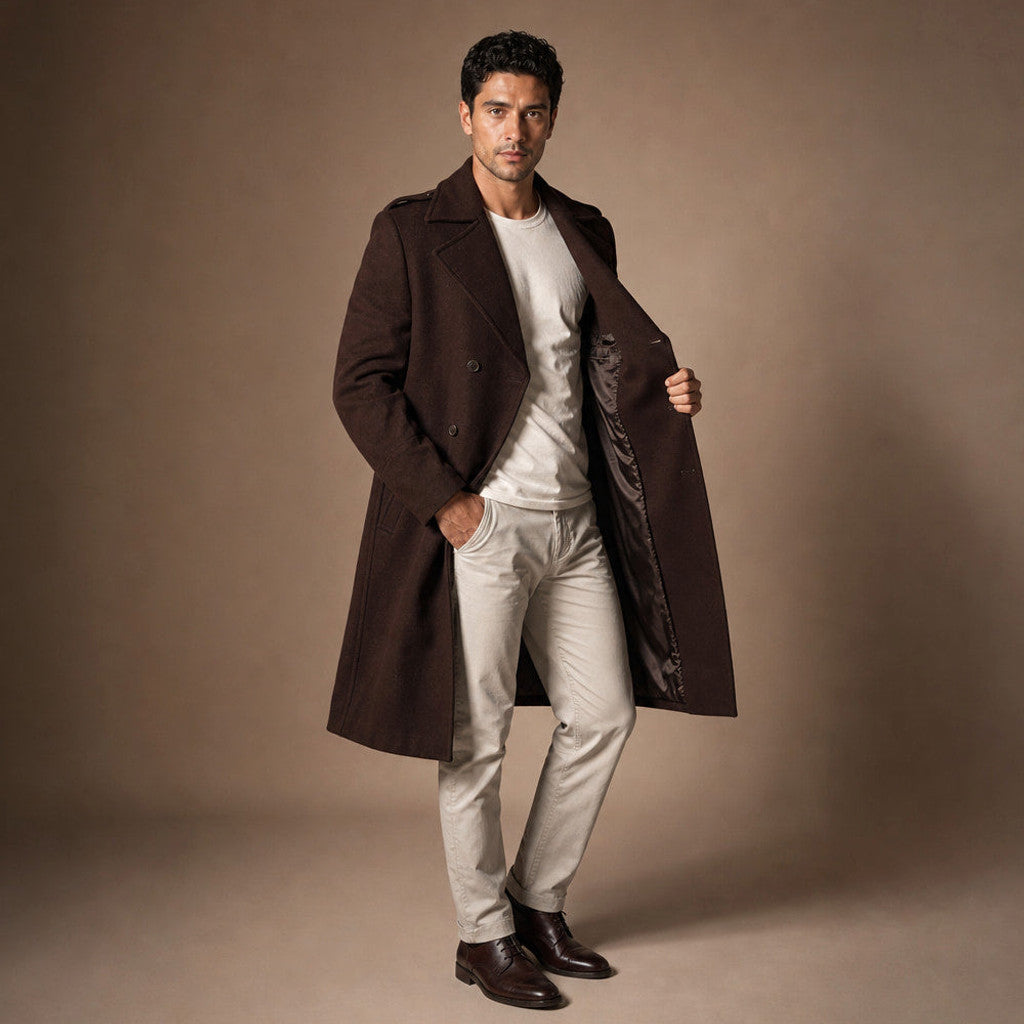 Man wearing long coffee brown wool trench coat over tailoring on a city street
