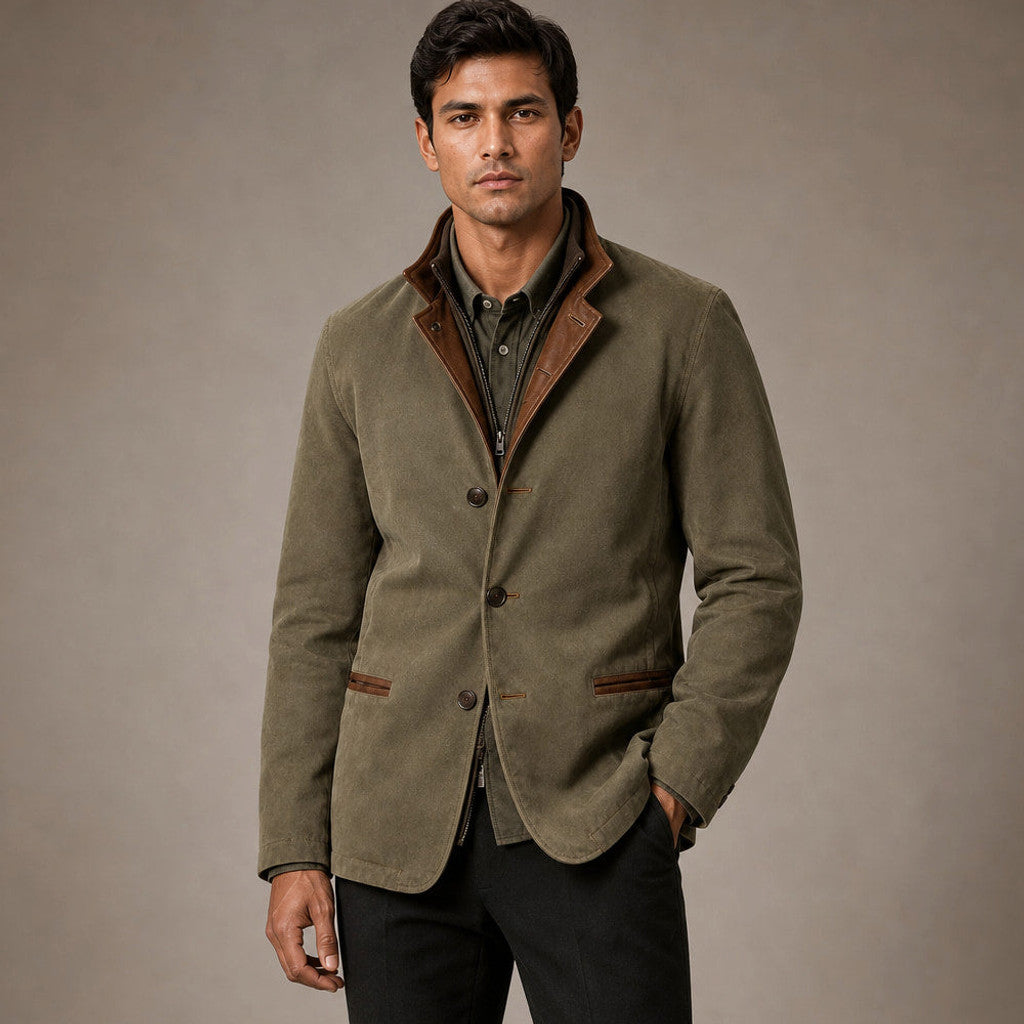 Green workwear jacket with contrast lapel, front view