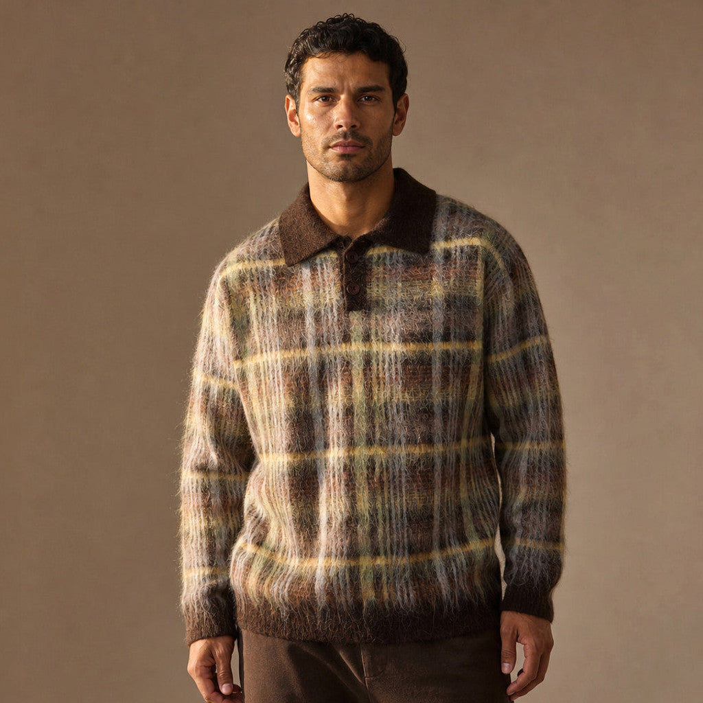 Brown patterned brushed knit polo shirt with open lapel collar