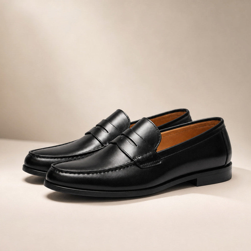 Black leather slip-on loafer with low vamp and rubber outsole
