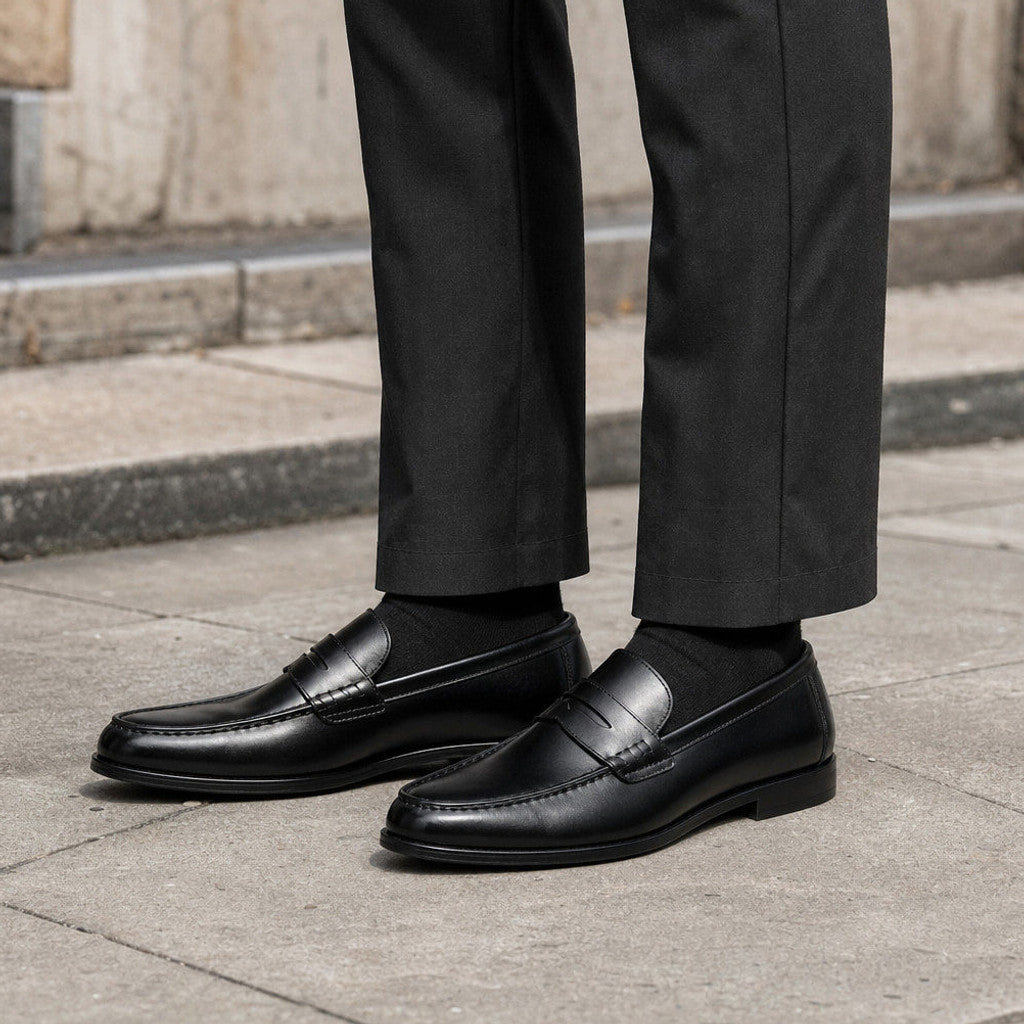 Man wearing black leather loafers with tailored wool trousers